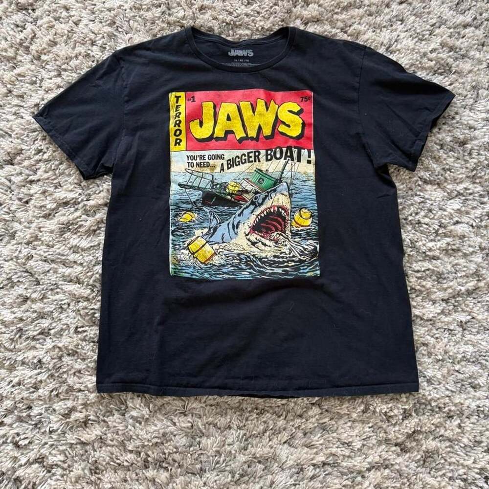 JAWS Movie Graphic T-Shirt Size XL Black Cotton Comic Art